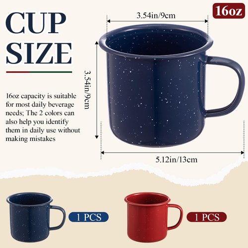 Mimorou 2 Pcs 16 oz Enamel Mugs Outdoor Camping Coffee Cups for Hot Cold Beverages Durable for Home, Travel, Beach (Red, Blue)