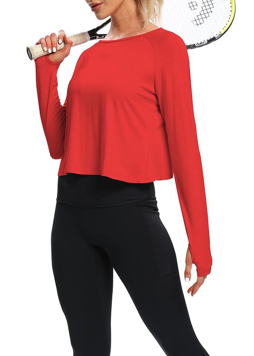 Bestisun Womens Athletic Long Sleeve Shirts Backless Workout Yoga Crop Tops Sports Dance Clothes Red XL