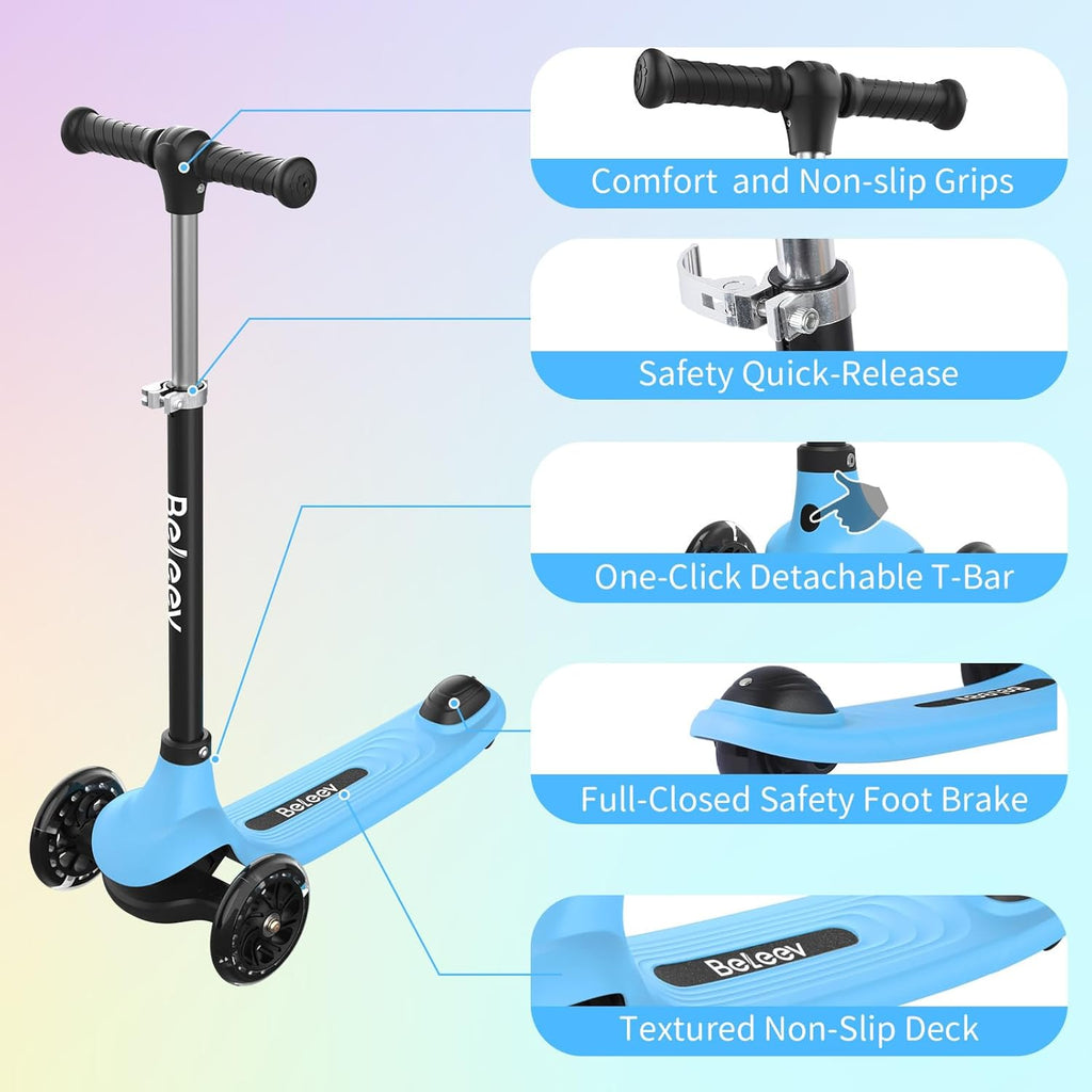 BELEEV A6 Kids Scooter - LED Light-Up Wheels & Deck | Adjustable 3-Wheel Kick Scooter for Ages 3-8