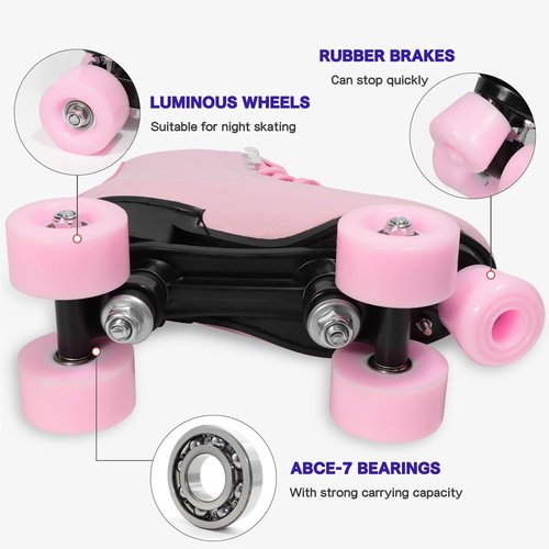 Wiwiy Roller Skates for Women Men, Leather High Top Double-Row Skates Pink, for Beginner Indoor Outdoor Roller Skates(Women's 8.5 / Men's 7.5)