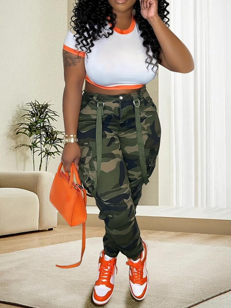 Camo Cargo Pants for Women - High Waisted Army Fatigue Pants with Pockets, Variation: Camouflage+Large