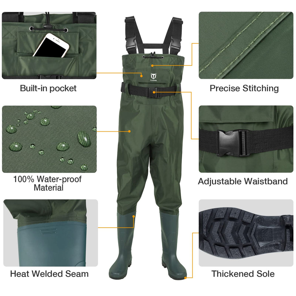 TIDEWE Bootfoot Chest Wader, 2-Ply Nylon/PVC Waterproof Fishing & Hunting Waders with Boot Hanger for Men and Women Green Size 14