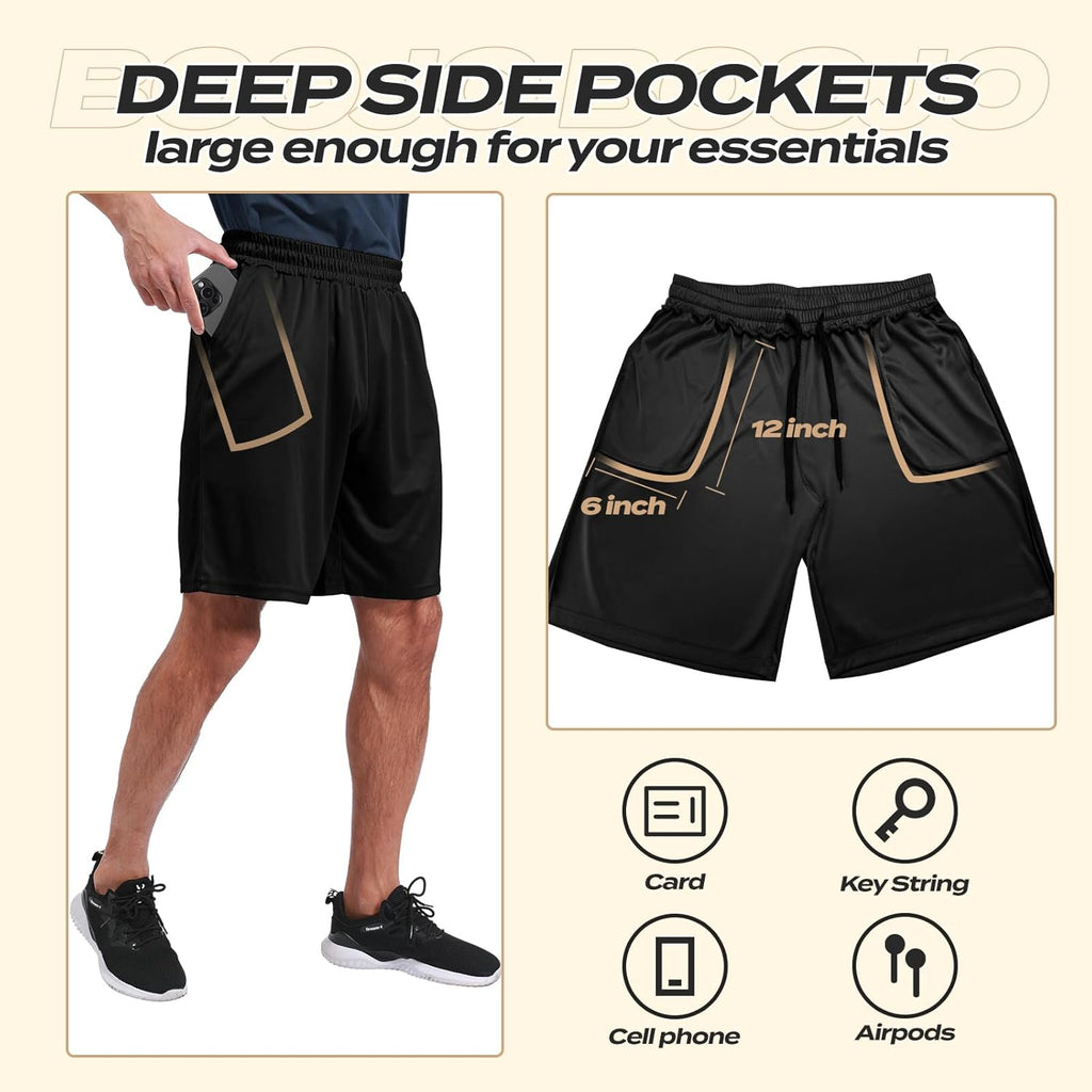 Skiennix Men's Athletic Gym Shorts - Quick Dry Black Workout Shorts with Pockets | 5 Pack