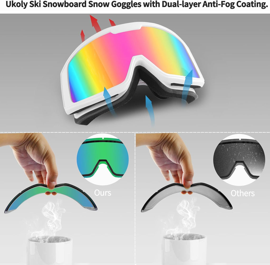 Ukoly Ski & Snowboard Goggles - HD Anti-Fog Lens, OTG Design, UV400 Protection | Men & Women