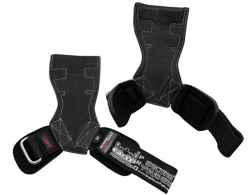 Lifting Grips PRO Weight Gloves Best Heavy Duty Straps Alternative to Power Hooks Deadlifts Adjustable Neoprene Padded Wrist Wrap (Black Leather, Medium 6.50"-7.50" Standard Wrist Size)