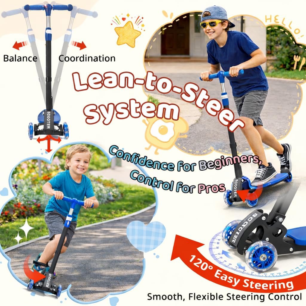 Skiennix Kick Scooter for Kids | Adjustable 28"-32" Handlebar, Light-Up Wheels, Anti-Slip Deck