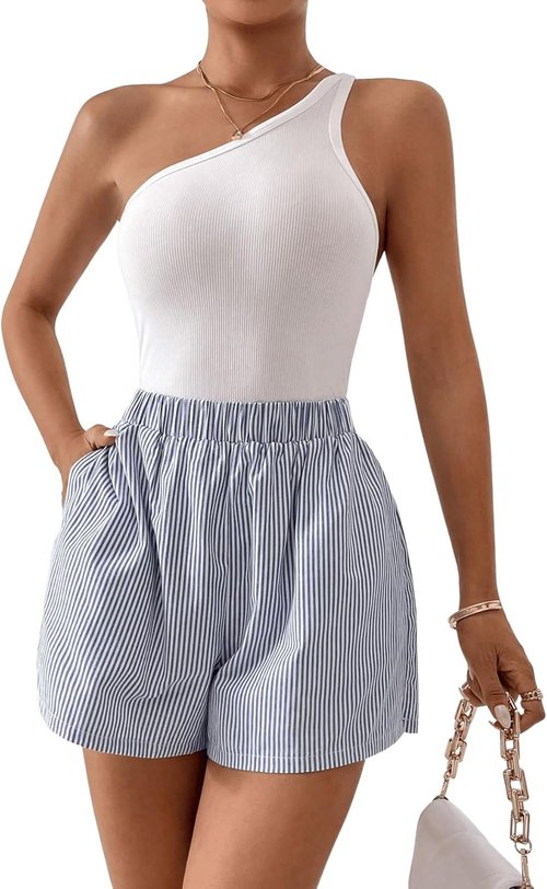 Floerns Women's High Waist Striped Casual Shorts - Elastic Wide Leg Design for Comfort