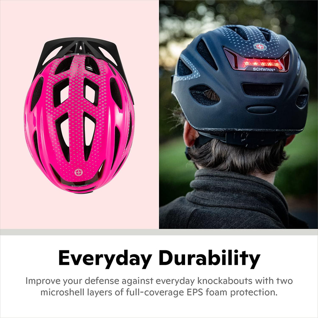 Schwinn Adult Bike Helmet - Lighted with Rear LED, Adjustable Fit 58-62 cm, 17 Air Vents, Removable Visor