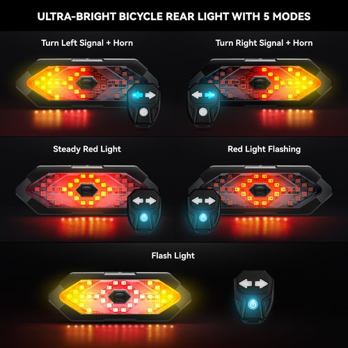 Hcikoat Bike Tail Light with Turn Signals USB Rechargeable Bike Turn Signals 120 Lumens Ultra Bright LED Turn Signals for Bicycle 5 Mode with 10PCS Safety Reflective Tape for Cycling Electronics