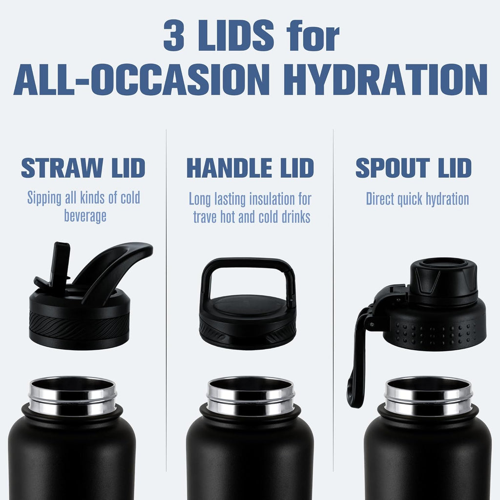 OLDLEY 40 oz Insulated Water Bottle - Stainless Steel Sports Flask with 3 Lids | Black Travel Mug