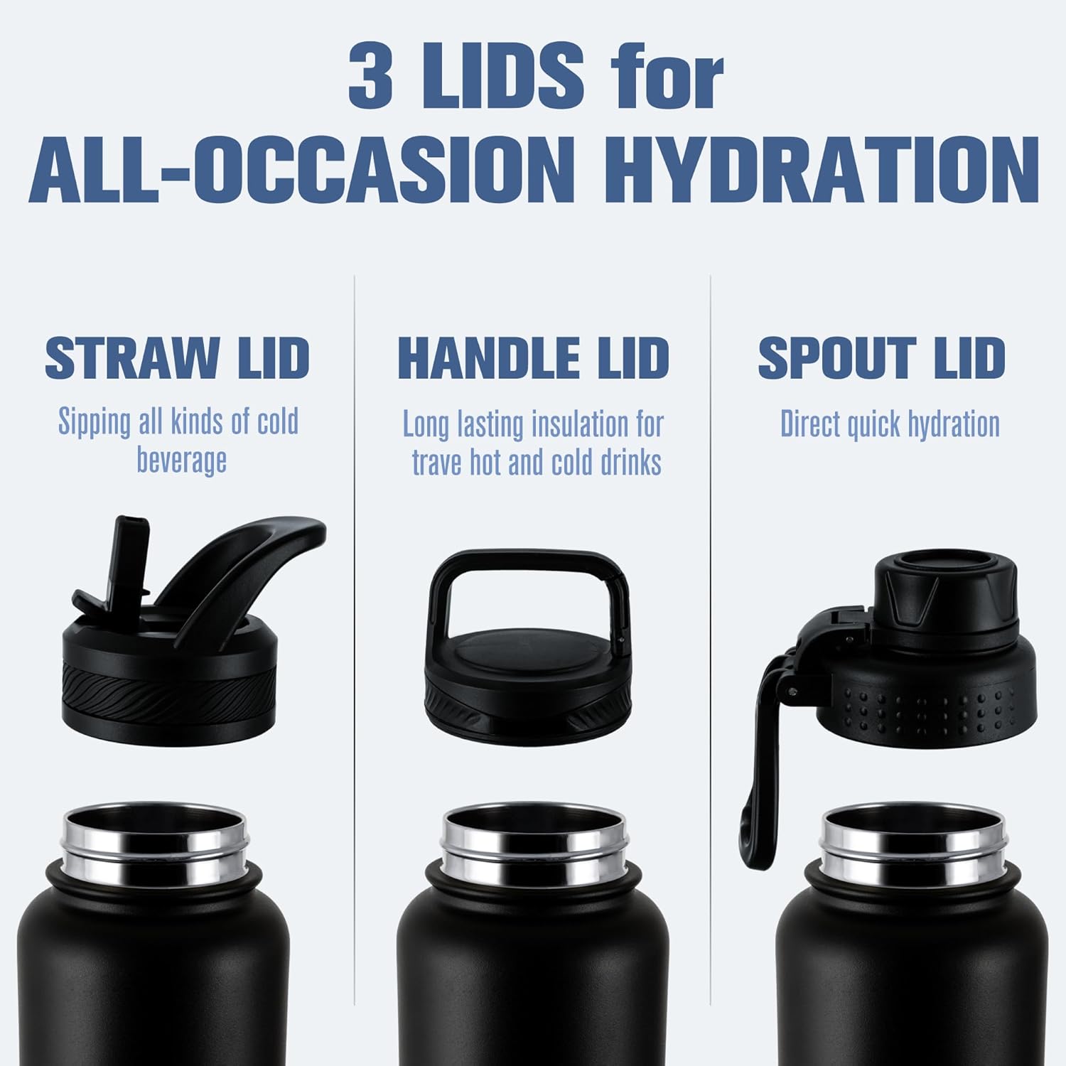 OLDLEY 40 oz Insulated Water Bottle - Stainless Steel Sports Flask with 3 Lids | Black Travel Mug