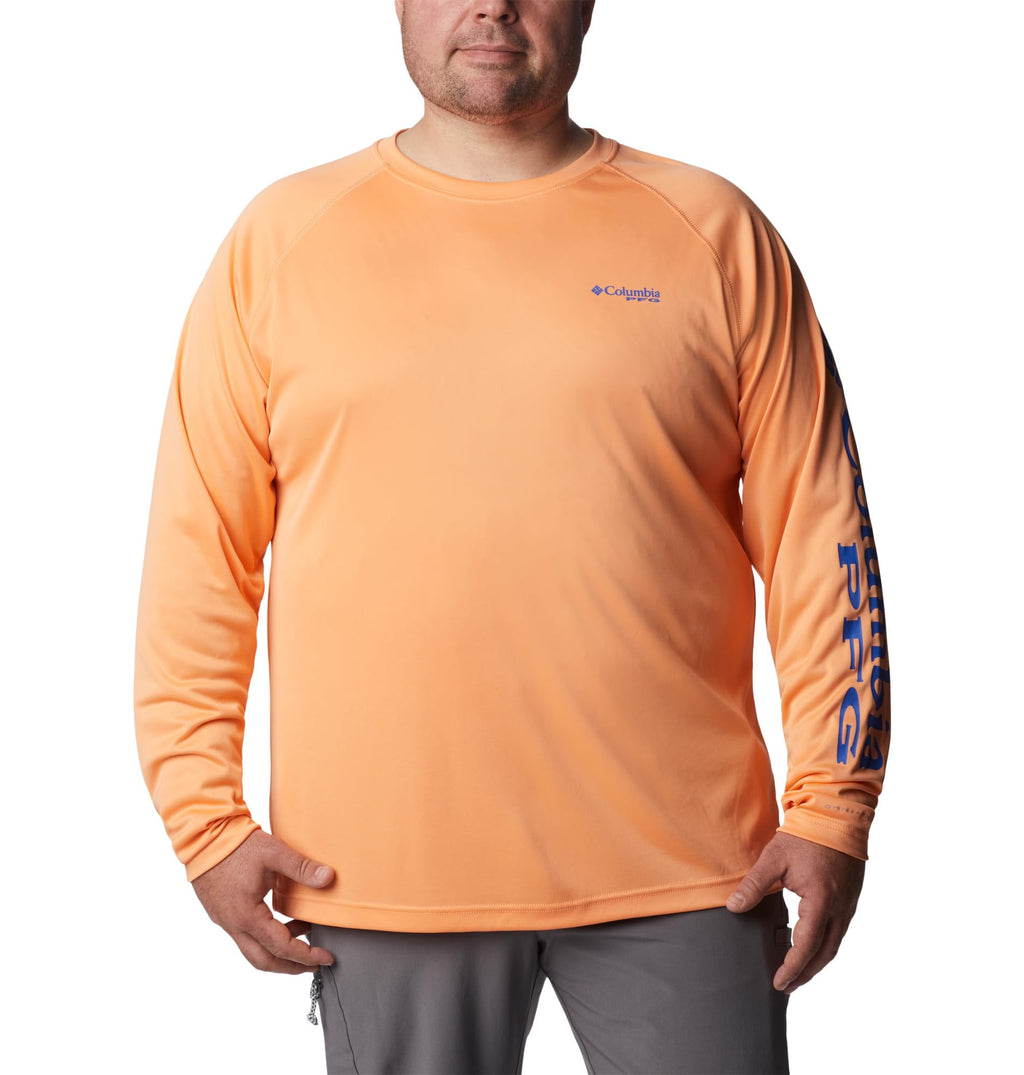 Columbia Men's PFG Terminal Tackle Long Sleeve Fishing Shirt, Bright Nectar/Vivid Blue Logo, Large Tall