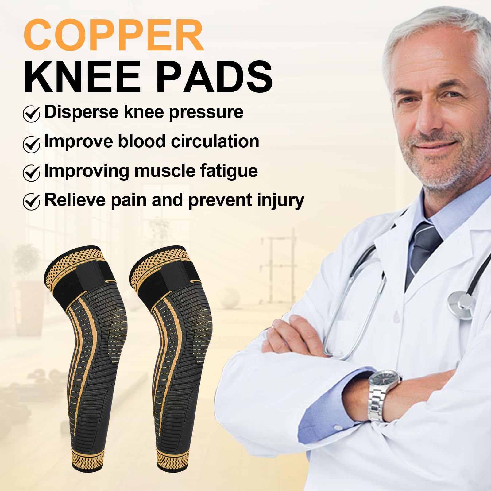 Ruilaibao Long Copper Knee Braces for Women and Men Full Leg Compression Sleeves Anti Sliping Ventilation Long Knee Support with Wraps for ACJ, PCL, Meniscus Tear, Arthritis (Copper, Medium)