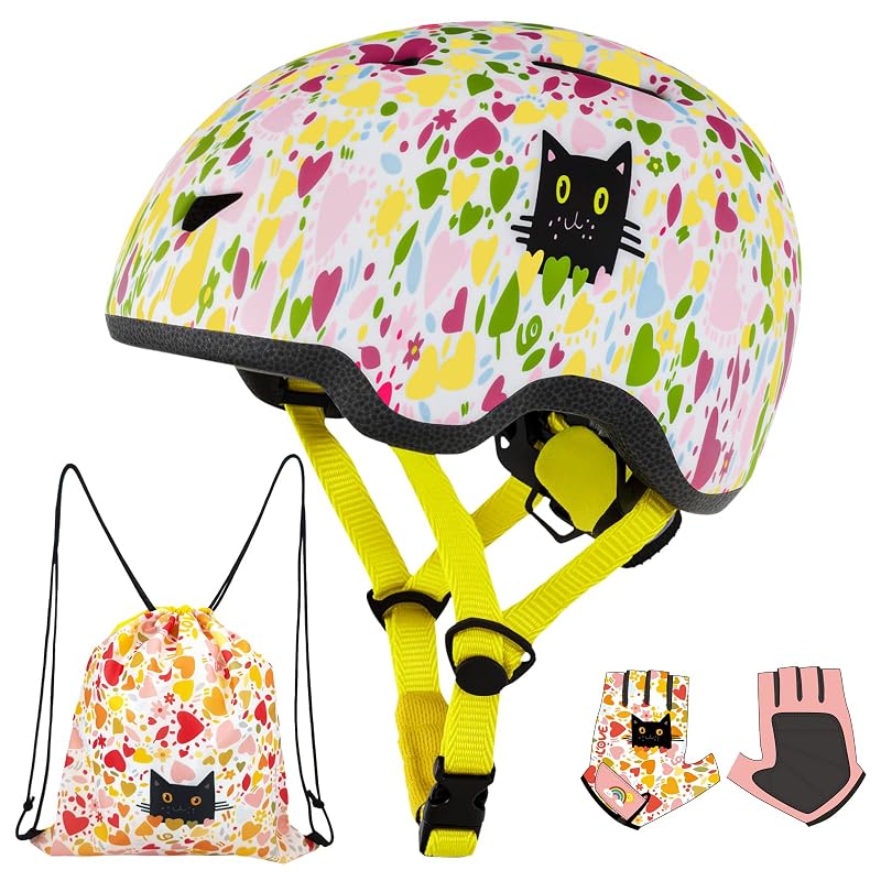 Toddler Bike Helmet with Gloves and Backpack Set - 3 Sizes, Adjustable for Ages 1-8+ (Flower Kitten)