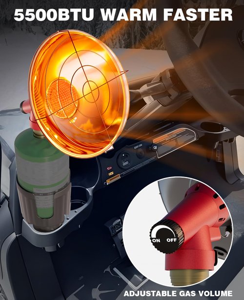 Golf Cart Heater with Adjustable Cylinder Holder (Gas Cylinder NOT Included), 5500BTU Outdoor Heater with Metal Control Knob for Club Car, EZGO, Yamaha, Includes 16oz Propane Tank Holder