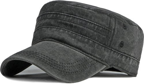 Lynmquober Men's Washed Cotton Army Cap Vintage Military Flat Top Outdoor Baseball Hats Black