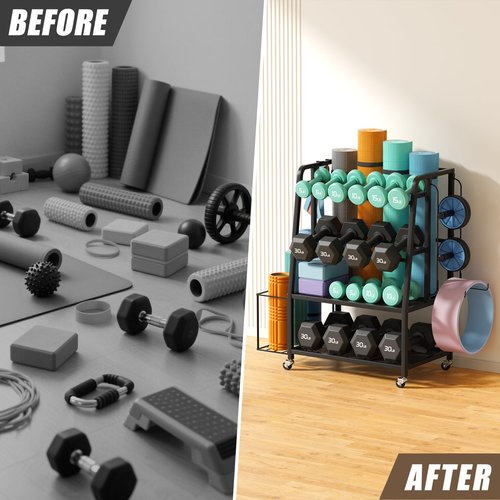 Weight Rack for Home Gym, Vopeak Dumbbell Rack Stand Only, Adjustable Weight Rack for Dumbbells, Kettlebells Yoga Mat, Home Gym Storage Rack with Wheels and Hooks, Powder Coated Finish Steel