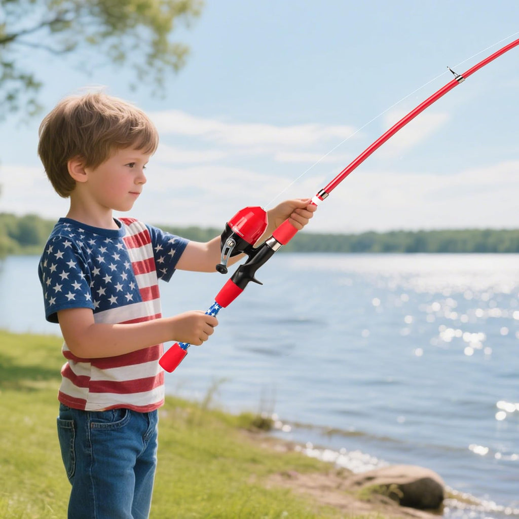WIDDEN 4th of July Kids Fishing Pole, Portable Telescopic Toddler Fishing Pole for Boys and Girls, American Flag Youth Fishing Rod and Reel Combo with Full Starter Kits
