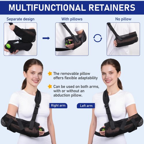 GAOUREL Comfortable arm sling Equipped with a padded sling, removable abduction pillow, training ball, and stabilization support plate to help you recover comfortably after a rotator cuff tear and arm pain.（Black-pillow)