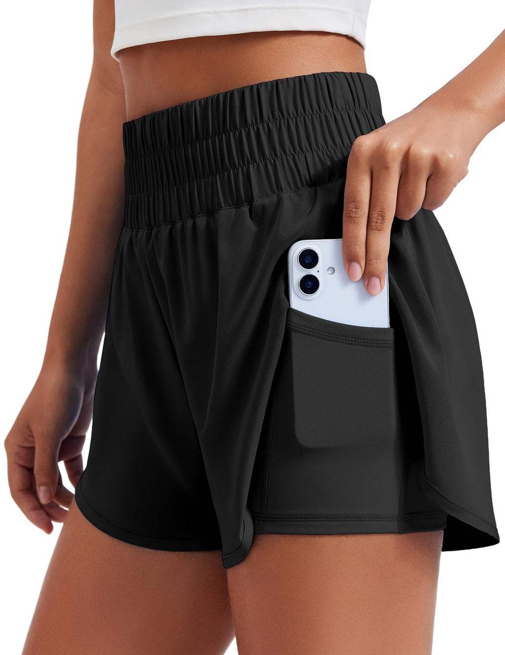 PINSPARK Women 2 in 1 Running Athletic Shorts High Split Dolphin 3 Inch Gym Shorts Quick-Dry Workout Active Sports Shorts with Liner and Pockets, Black Medium