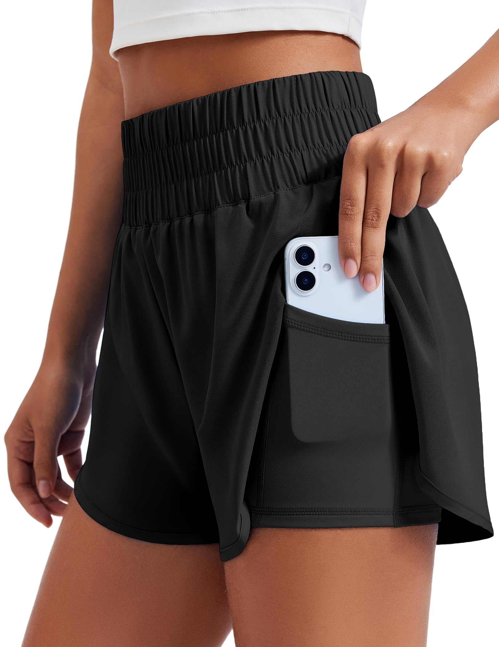 PINSPARK Women 2 in 1 Running Athletic Shorts High Split Dolphin 3 Inch Gym Shorts Quick-Dry Workout Active Sports Shorts with Liner and Pockets, Black Medium
