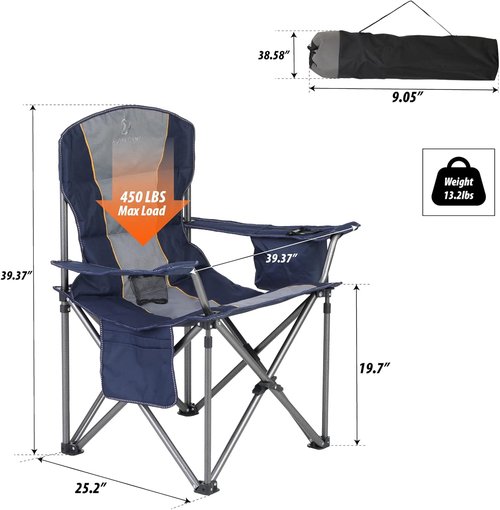ALPHA CAMP Oversized Folding Camping Chair - Heavy Duty Portable Lawn Chair with Cooler Bag & Cup Holder | Supports 450 LBS