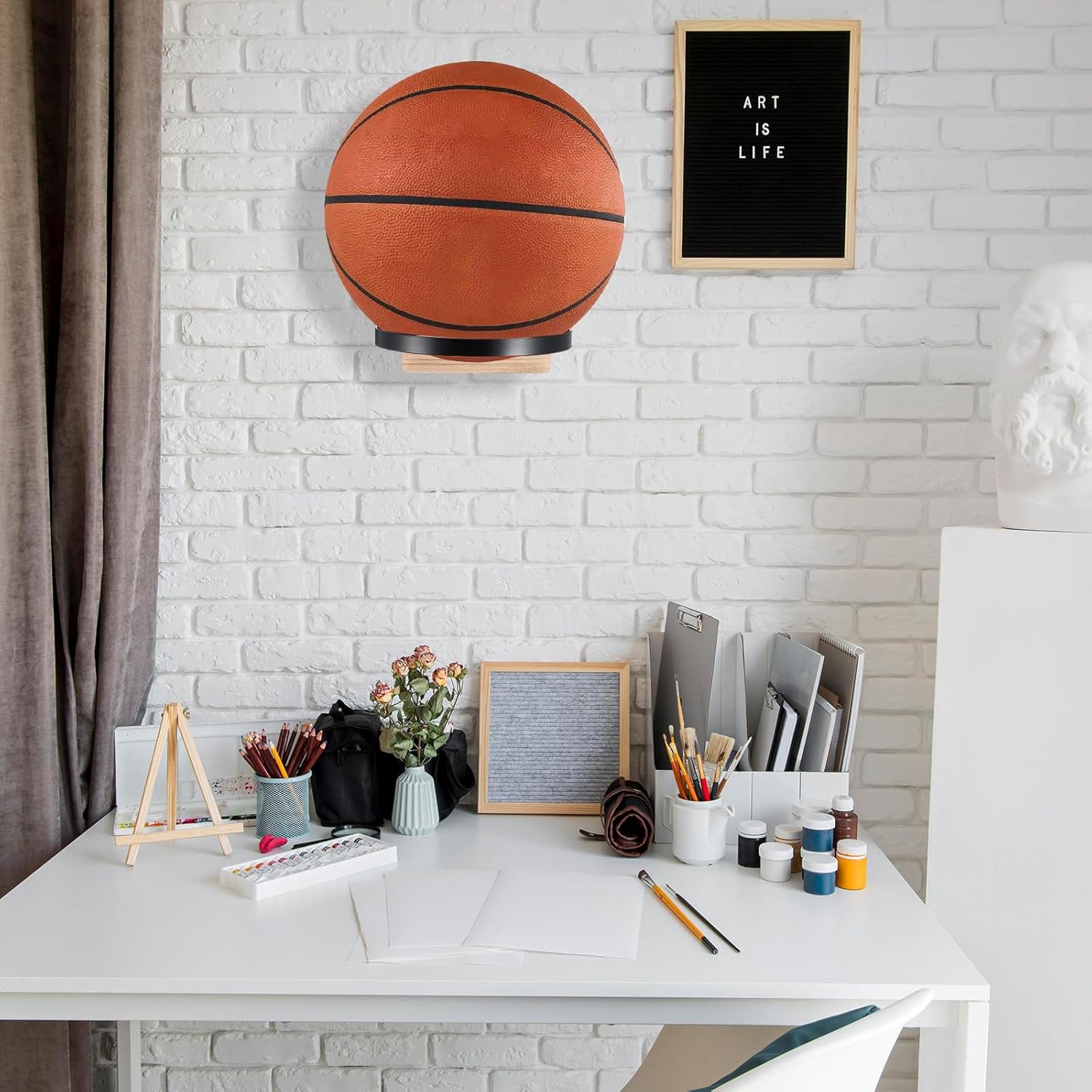 Skiennix Wall Mount Ball Holder - Wooden Base Sports Display Rack for Basketball, Football, Soccer, Volleyball