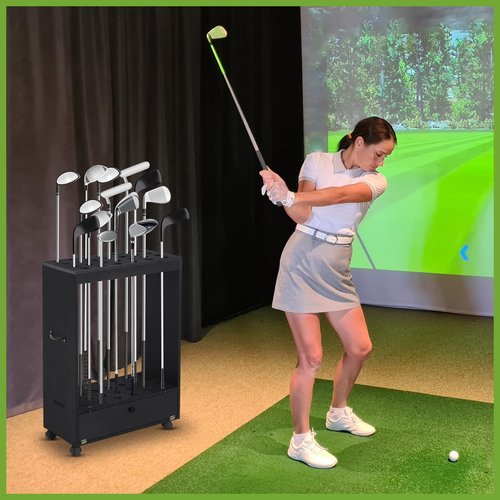 Silipull 27 Hole Golf Club Stand Holder Wooden Golf Club Organizer Putter Display Rack with Storage Drawer and Wheel for Indoor Home Office Simulator Garage(Black)