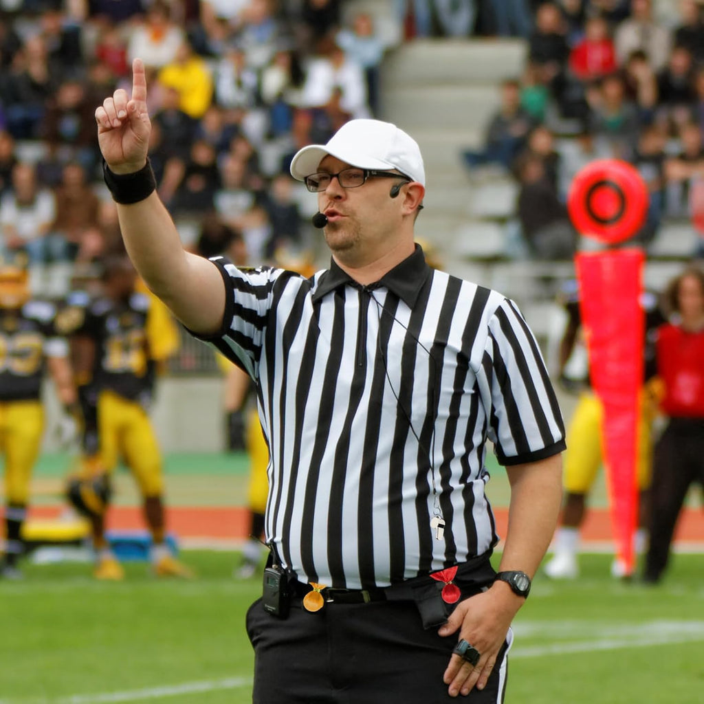 Skiennix Men's Referee Costume Set - 4 Pcs with Zipper Ref Shirt, Whistle & Penalty Flags
