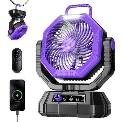 AJVV Camping Fan Rechargeable, Battery Powered Fan With Remote Controller, LED Light, Dual Motors, Stepless Speed, 45°/90°/270° Swing,Timer, Portable fan For Travel/Tent/Beach/Fishing,Violet