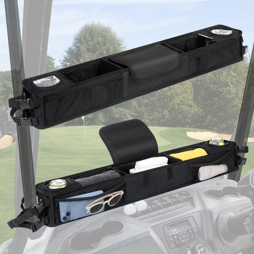 Little World Golf Cart Front Storage Basket - Golf Cart Front Basket with Insulated Cup Holders, No-Drilling Installatio Golf Cart Storage Accessory (Black)