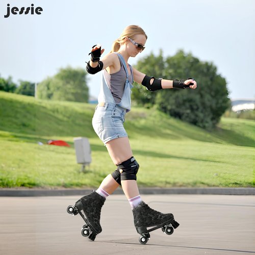 Womens Roller Skates Classic High-top Roller Skates Four-Wheel Roller Skates Shiny Camouflage Roller Skates for Adult Youth Boys Girls Outdoor with Shoes Bag (Black camo,40-US:8.5)