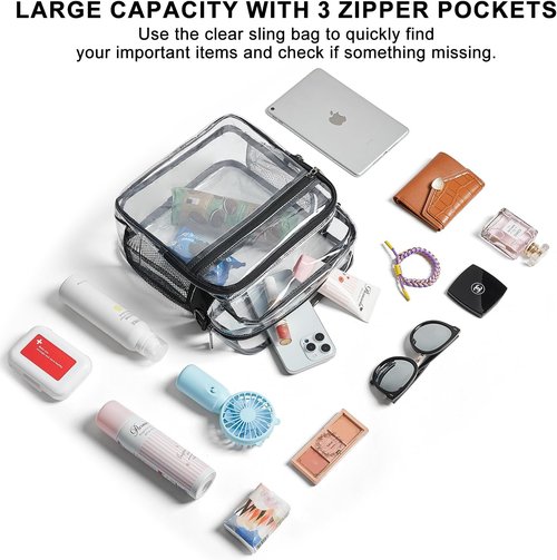 LATMAP Clear Stadium Bag - 12x6x12 Clear Purse with 3-Zipper Pockets | Crossbody Handbag for Events