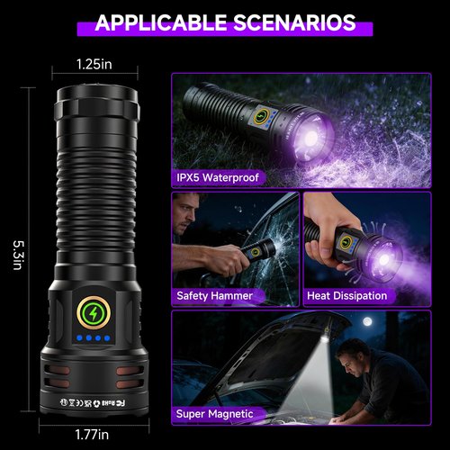 2-in-1 Powerful Blacklight LED Flashlight - UV&High Lumens Tactical Rechargeable Flash Light, 7 Modes, 18H Long Lasting, Super Bright Waterproof Detector for Pet Urine Curing Resin Camping Emergencies