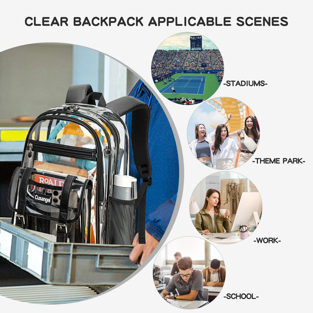 Cusangel TPU Clear backpack for Girls women,18" See Through Heavy Duty Bookbag,warehouses, school and other security check locations (Black)