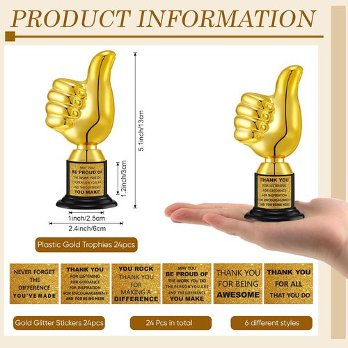 Highergo 24 Pcs Gold Trophy Cups - 5 Inch Thumbs Up Award Trophies for Employee Rewards & Party Favors