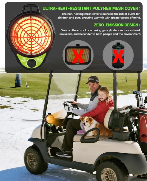 Rakiyada 48V Electric Golf Cart Heater, Upgraded Burn-Proof Grille & Infinite Temp Control & Carbon Fiber Heating, Battery Operated Heater for Club Car/Yamaha/EZGO Golf Cart Accessories