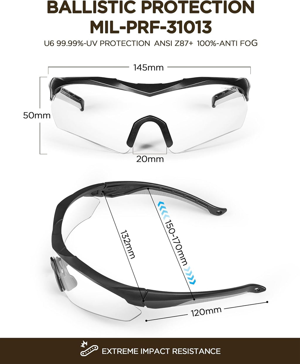 Skiennix Anti-Fog Shooting Glasses - Tactical Wrap-Around Design | Clear HD Lens & UV Protection