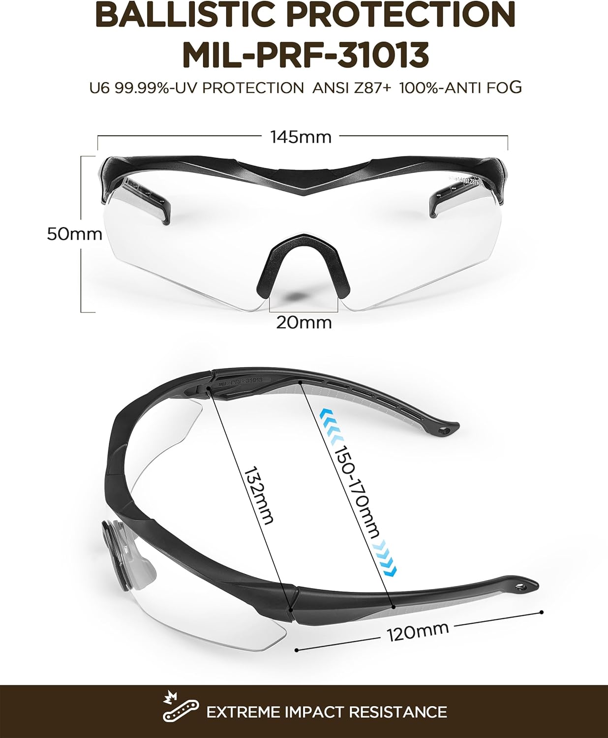 Skiennix Anti-Fog Shooting Glasses - Tactical Wrap-Around Design | Clear HD Lens & UV Protection