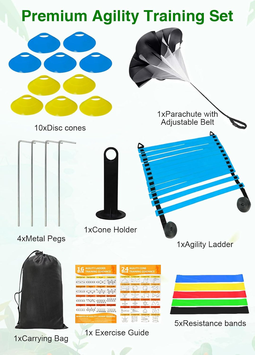 Speed Agility Training Equipment Set - 20ft Agility Ladder, 10 Disc Cones & Resistance Parachute for Football, Soccer, Basketball