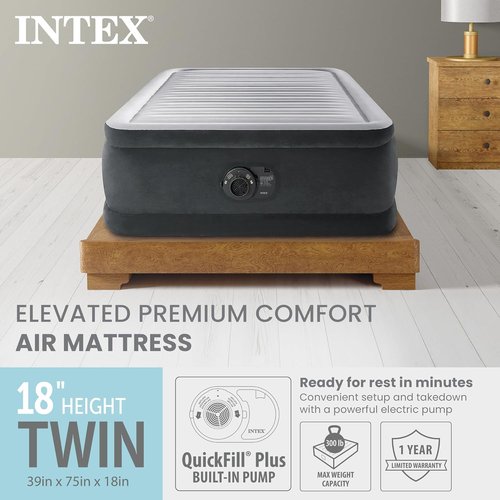 Intex Twin Size Air Mattress - 18in Height with Built-in Pump | Dura-Beam Deluxe Comfort for Camping & Travel