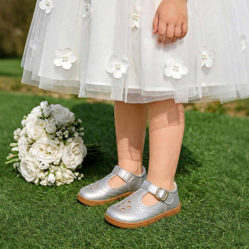 LeIsfIt Toddler Girls Shoes Flower Girl Mary Jane Dress Shoes Wide Ballet Flats forParty School Wedding Church Silvery 5 Toddler