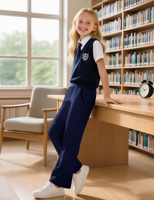 NUMYEAN Girls Uniform Pants Flare Sweatpants Joggers Pants Preppy Clothes for Girls 9-10 Years Navy