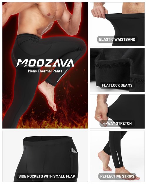 Moozava Men's Thermal Leggings Fleece Lined Compression Pants Athletic Base Layer Underwear Bottoms Running Football Tights Black M