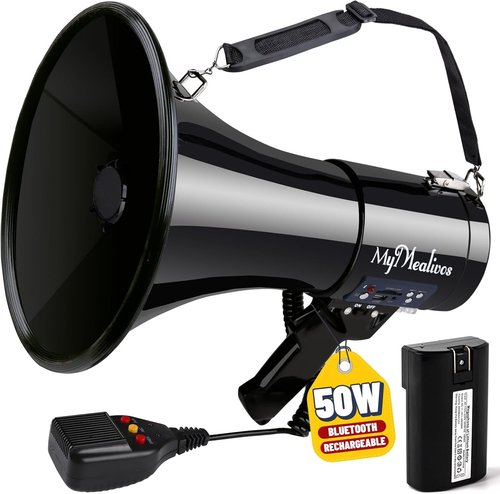 MyMealivos 50W Bluetooth Megaphone - Rechargeable Bullhorn with Siren & 240s Recording | 1600ft Range for Sports & Emergencies