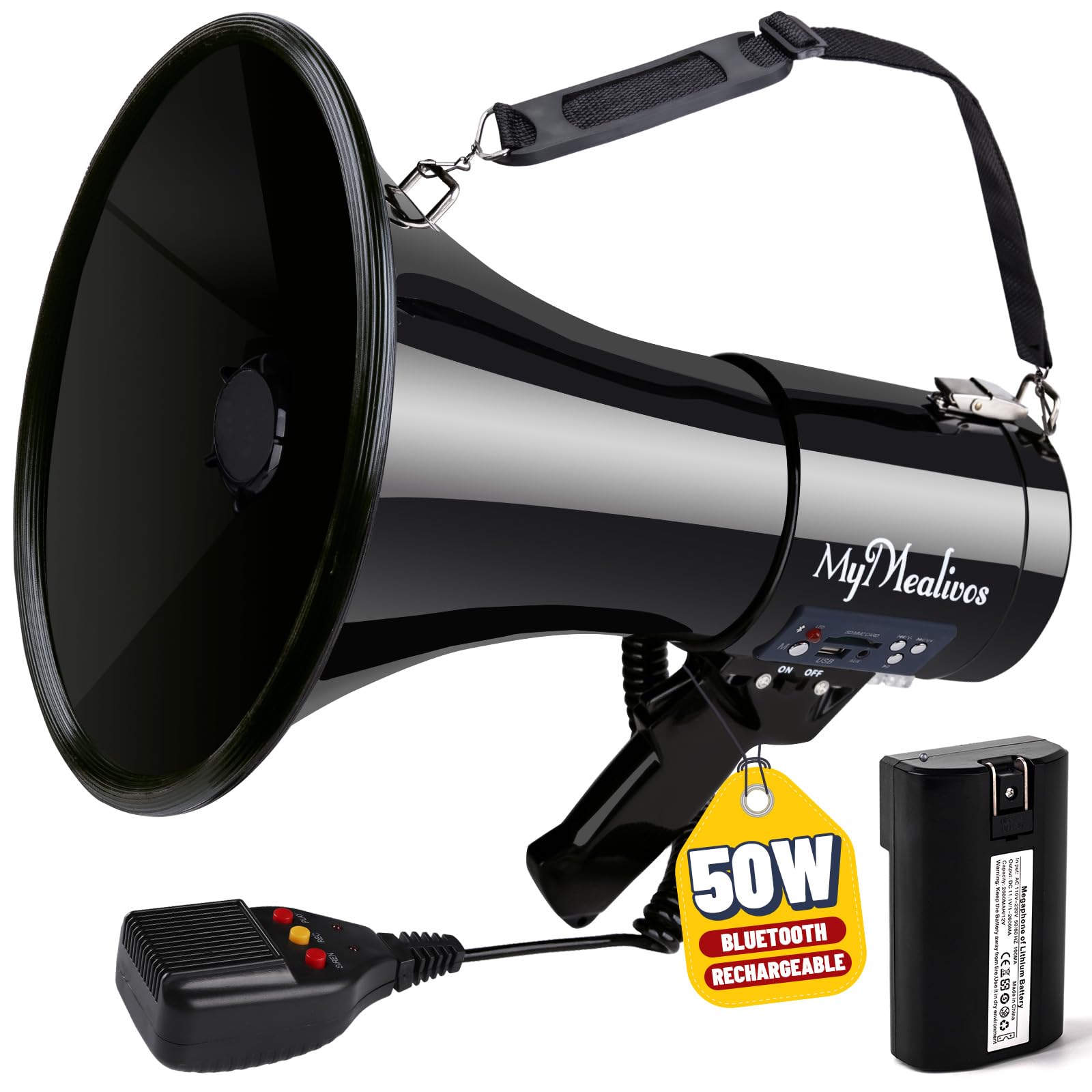 MyMealivos 50 Watt Megaphone Bullhorn Speaker with Siren, 240S Recording, Detachable Microphone & Strap（Grey-Battery）