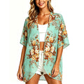 Women's Floral Cardigan Coverups Bohemian Kimono Loose Cover Up Tops Beach Swimsuit Puff Sleeve Blouse Female Chiffon Summer