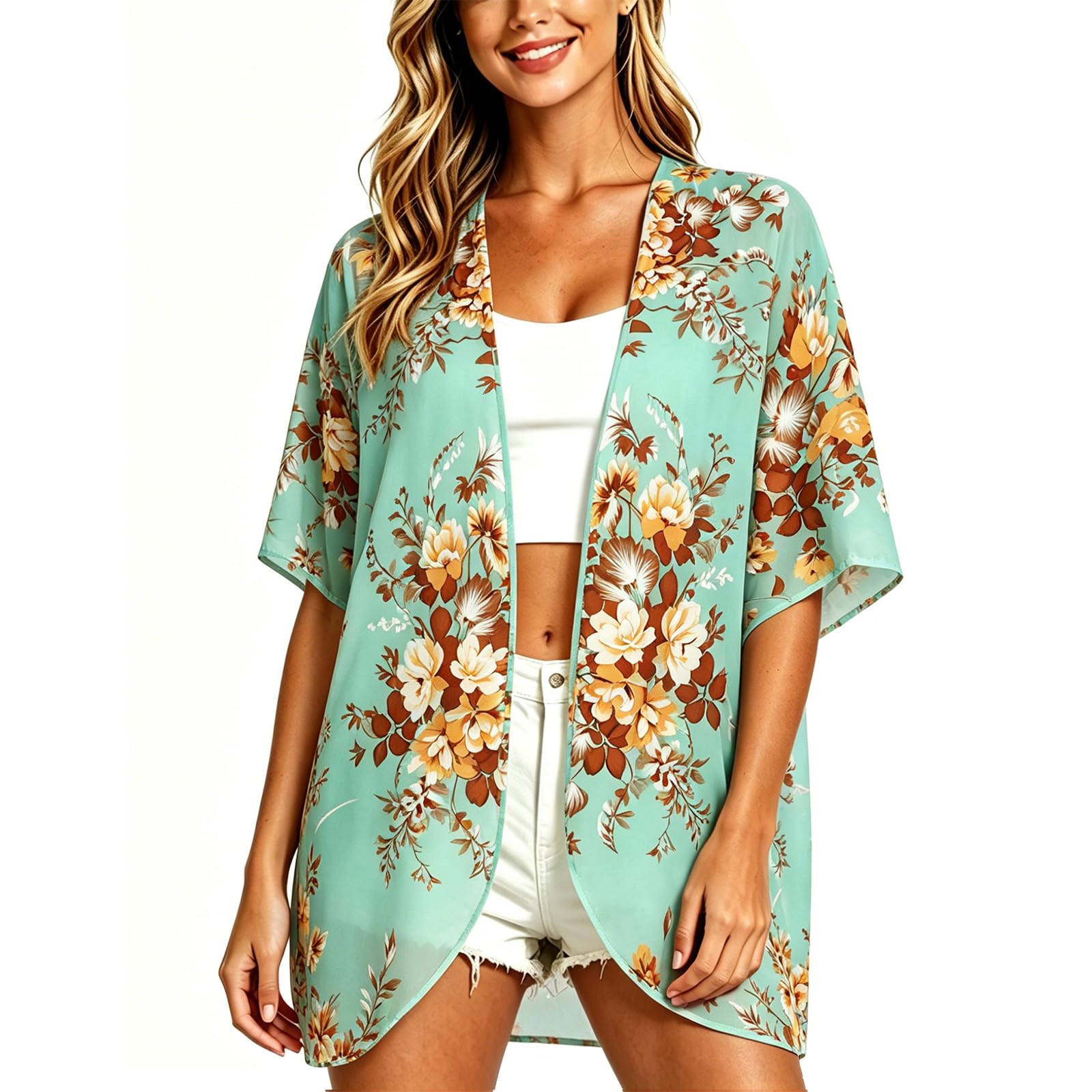 Women's Floral Cardigan Coverups Bohemian Kimono Loose Cover Up Tops Beach Swimsuit Puff Sleeve Blouse Female Chiffon Summer