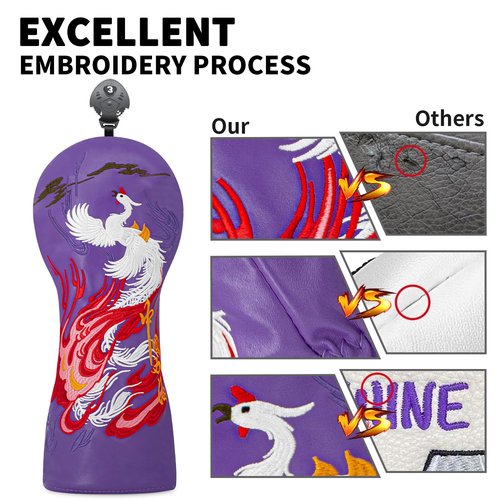 Golf Phoenix Head Cover Golf Club Purple Leather Headcovers Set Fits Driver Fairway Wood Hybrid Utility Putter Iron Wedge Headcover.