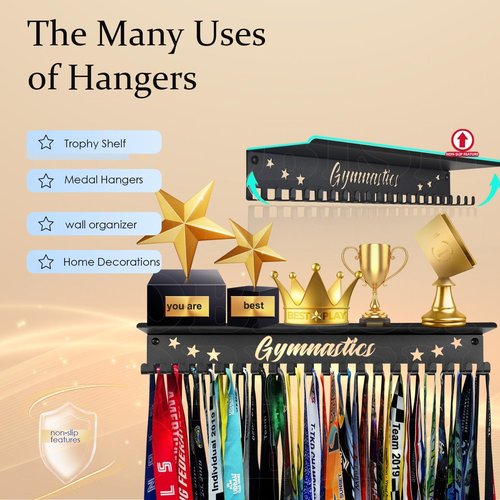iBobbish Metal Medal Hanger Display,Non-Slip Trophy Shelf with 20 Hooks,Wall Mount,Heavy Duty,Non-Bent,Holds 22-33lbs,for Gymnastics,Race,Soccer,Swim